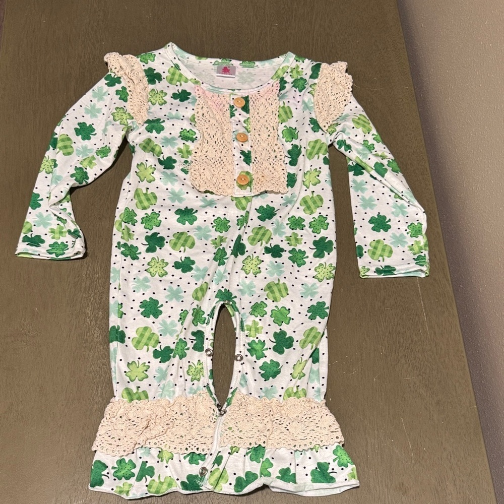 Green Shamrock Crochet Accent Baby Girl Romper size S (see measurements)